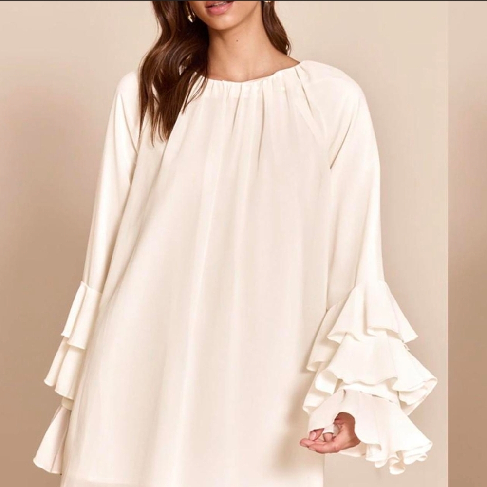 PrettyLittleThing Cream Long Sleeve Ruffle Dress